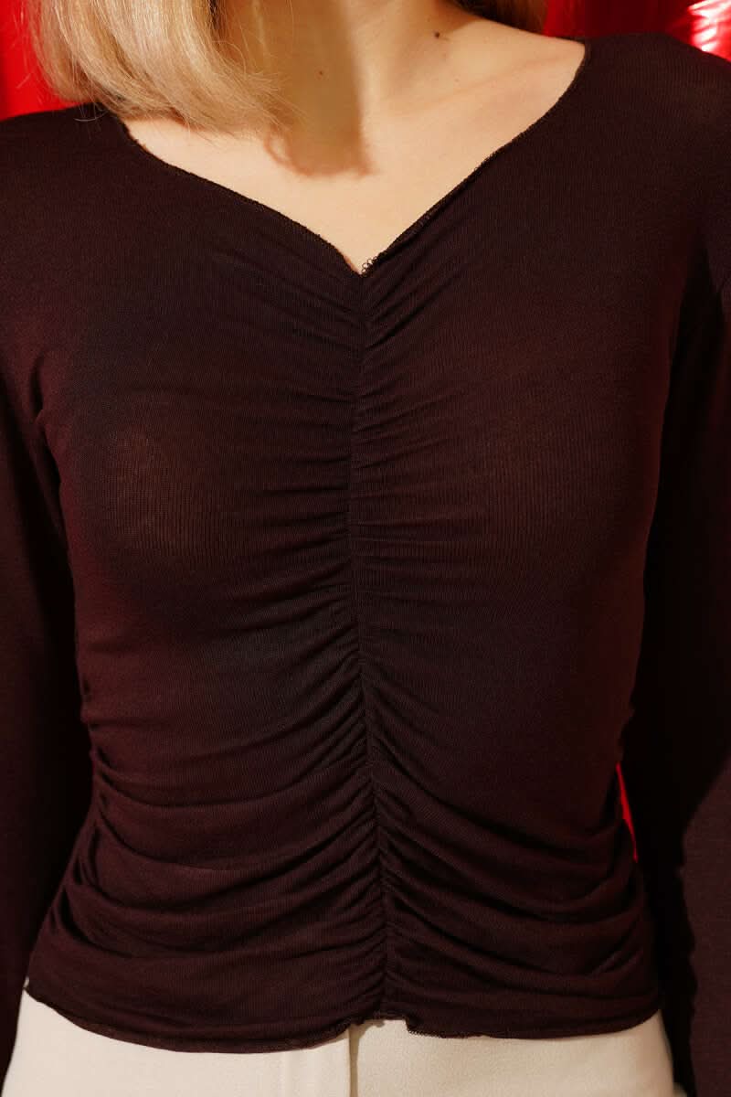 Önü Büzgülü Uzun Kol Body Acı Kahve