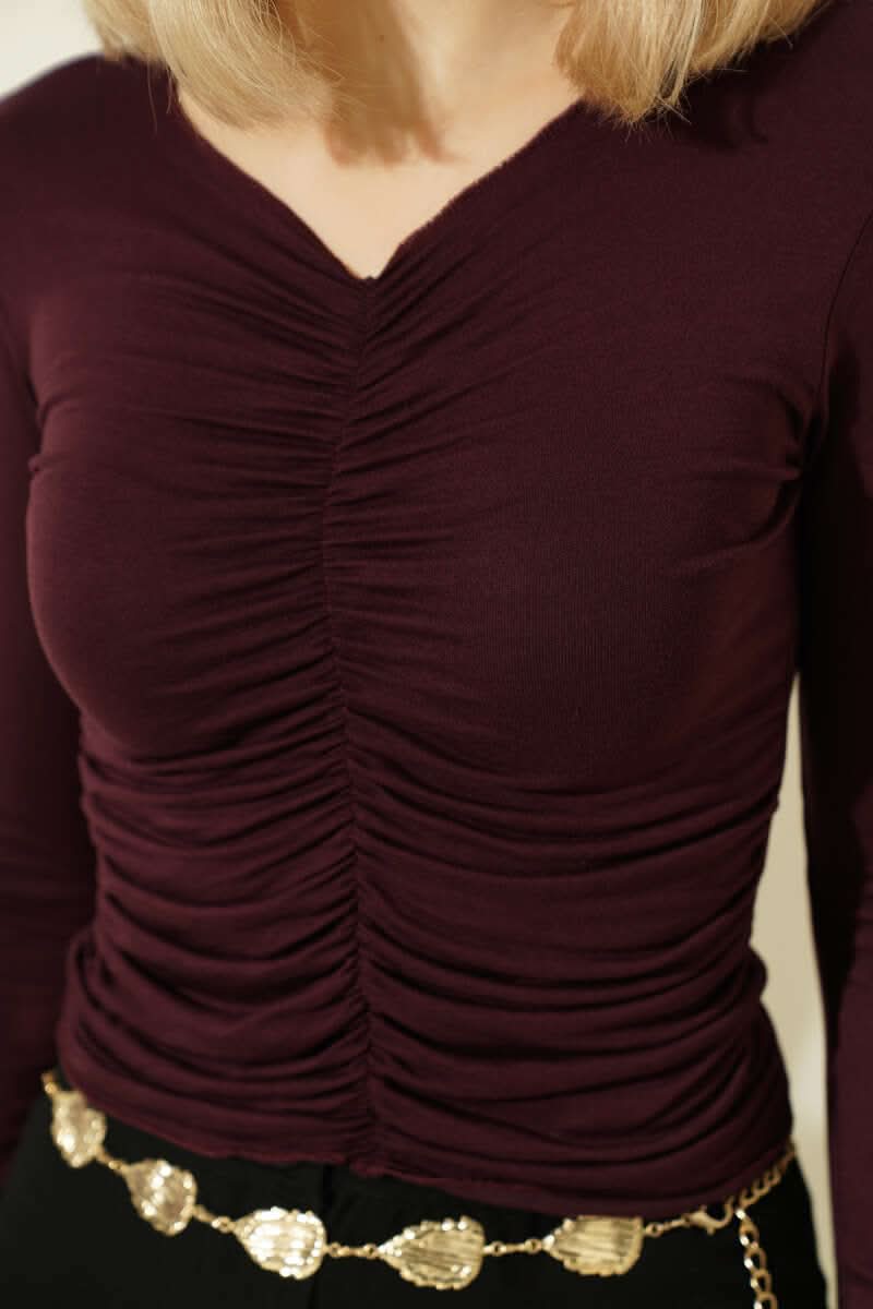 Önü Büzgülü Uzun Kol Body