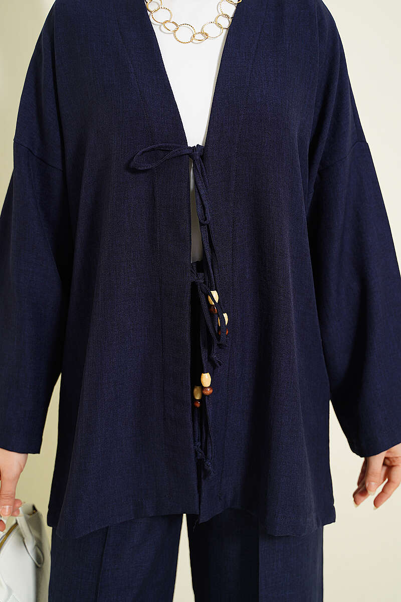 Önü İp Bağlamalı Kimono İkili Takım Lacivert