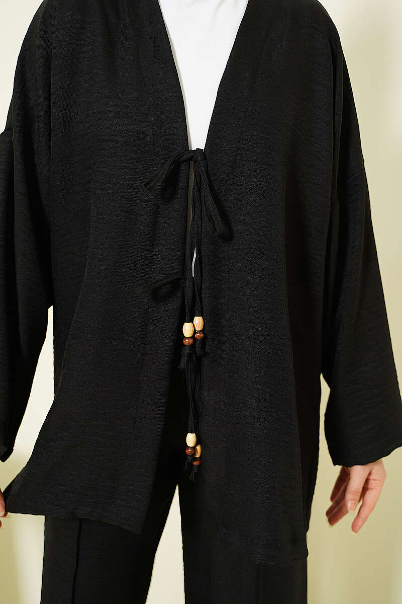 Önü İp Bağlamalı Kimono İkili Takım Siyah