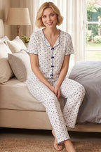Önü Kurdeleli Yıldızlı Pijama Takımı Lacivert