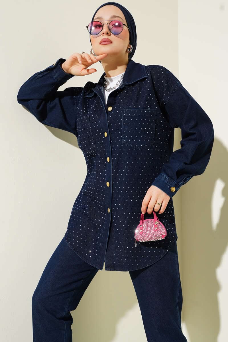 Önü Taşlı Gold Düğmeli Kot İkili Takım