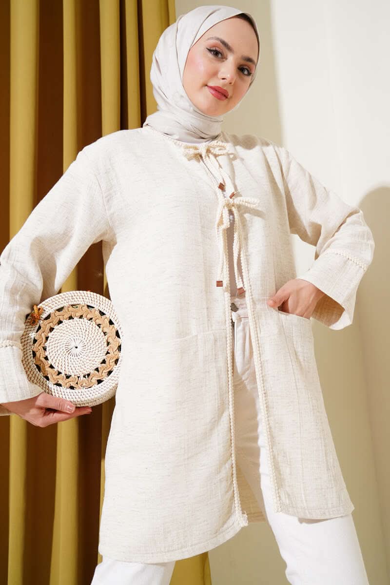 Örgü Biyeli Bağlamalı Keten Kimono