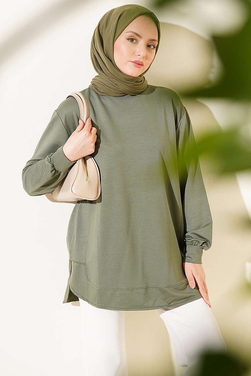 Oval Dikişli Loyşa Tunik Haki