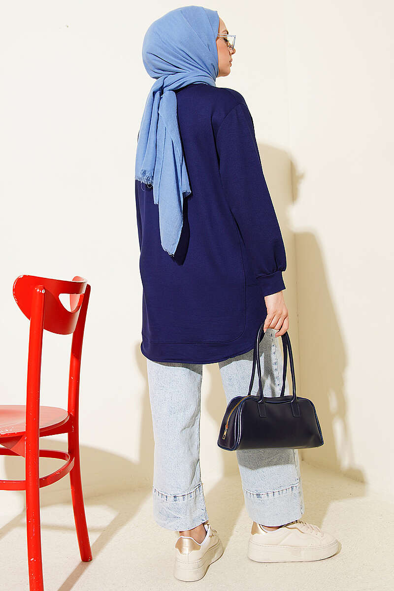 Oval Dikişli Loyşa Tunik Lacivert