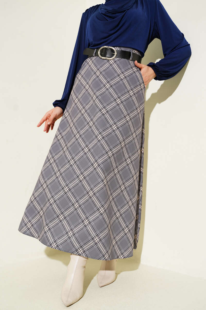 Oval Kemer Tokalı Ekoseli Etek Gri