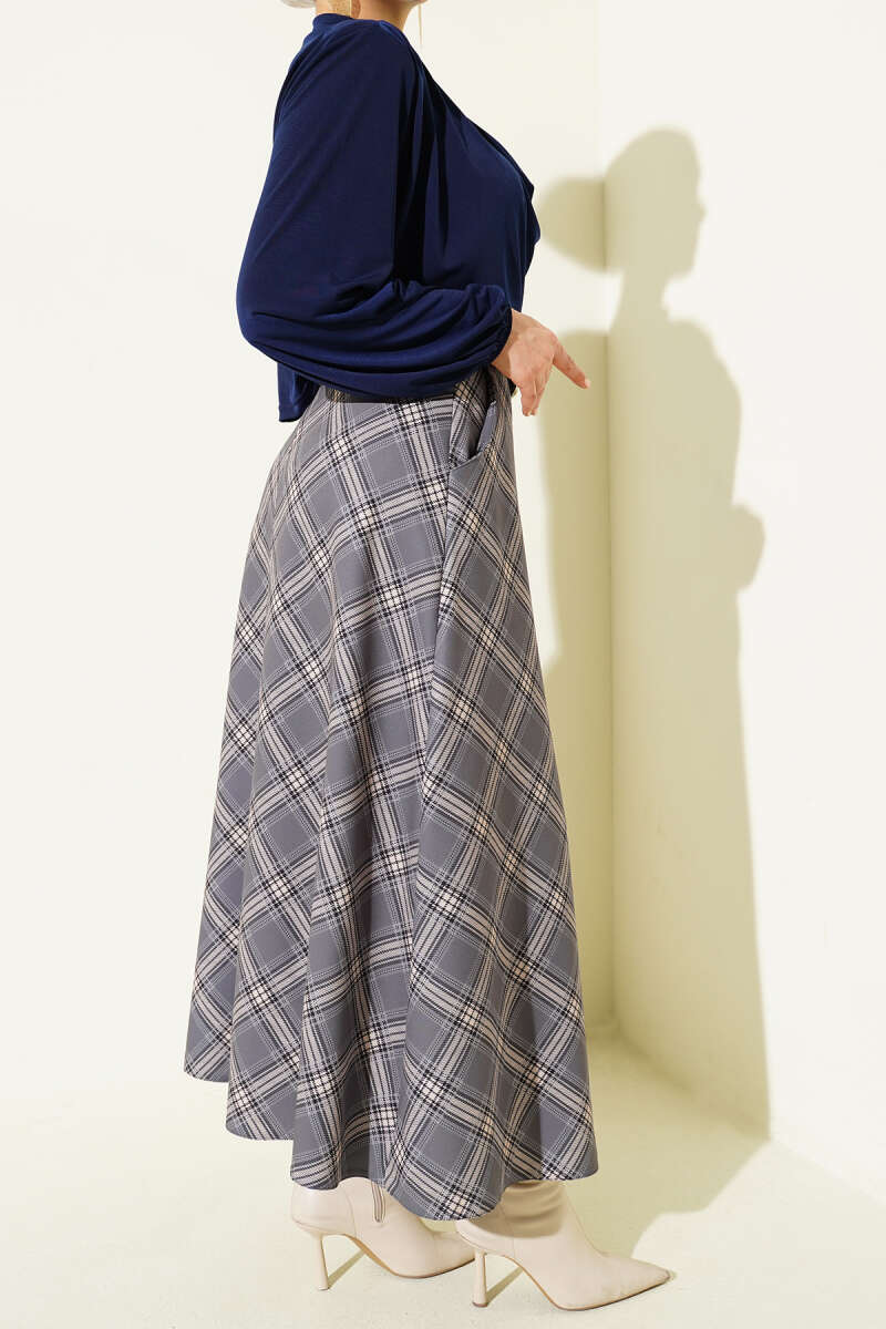 Oval Kemer Tokalı Ekoseli Etek Gri