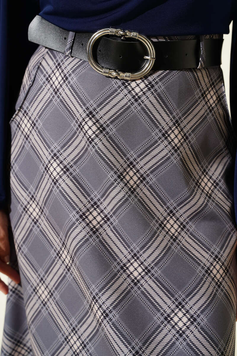 Oval Kemer Tokalı Ekoseli Etek Gri