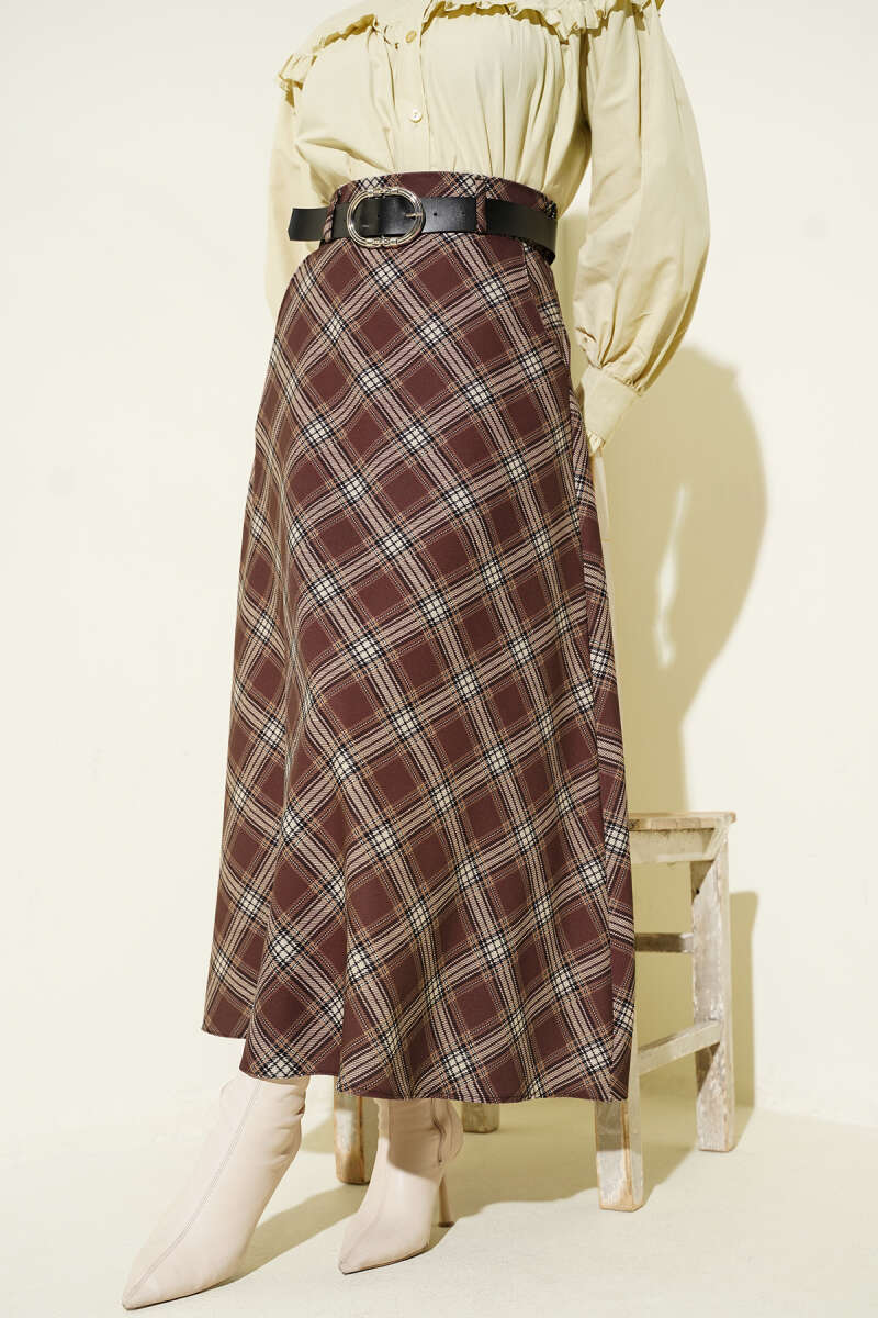 Oval Kemer Tokalı Ekoseli Etek