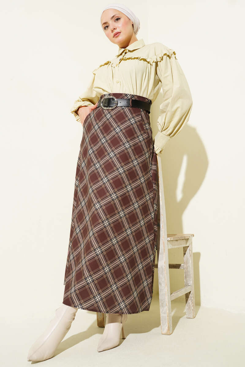 Oval Kemer Tokalı Ekoseli Etek