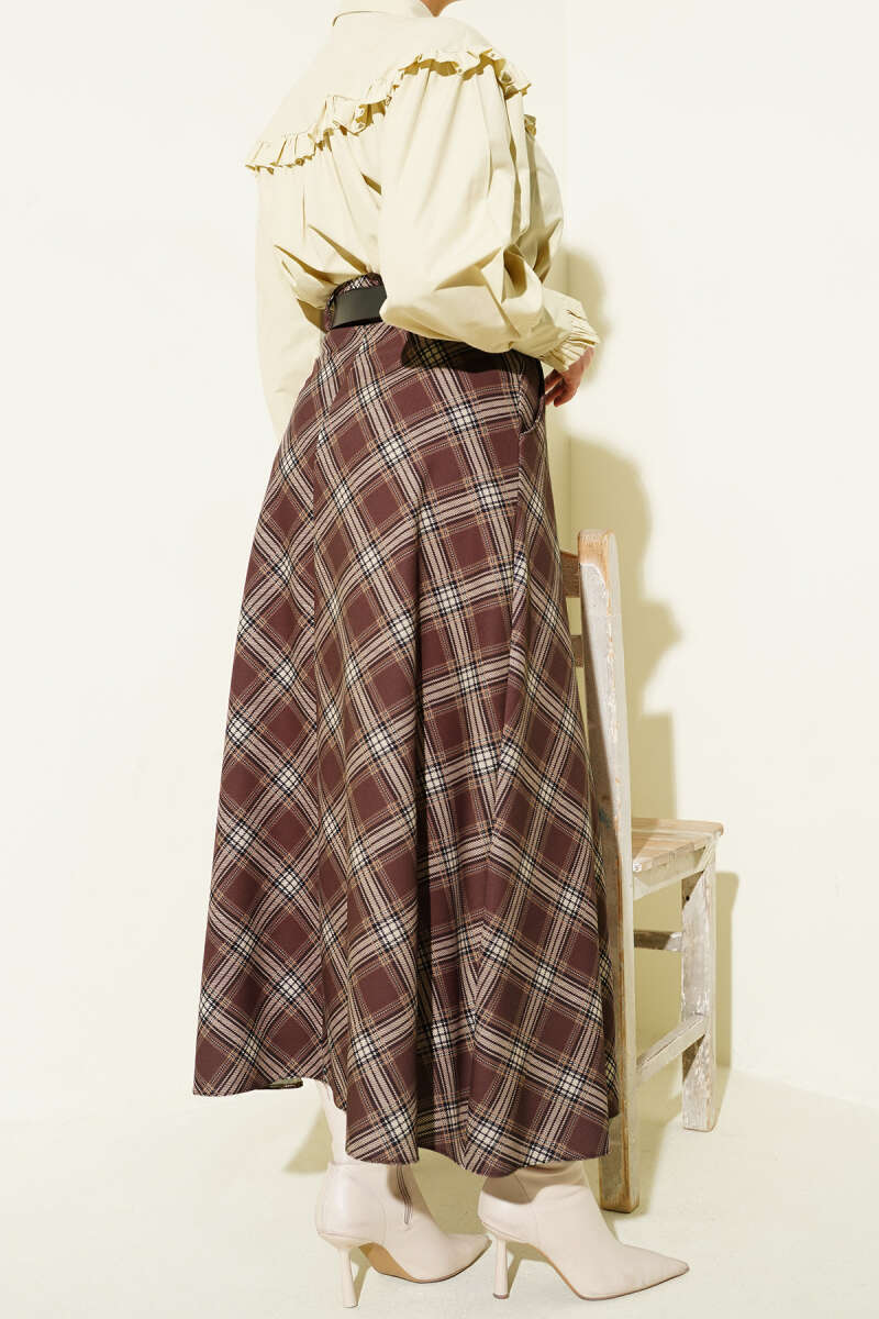 Oval Kemer Tokalı Ekoseli Etek