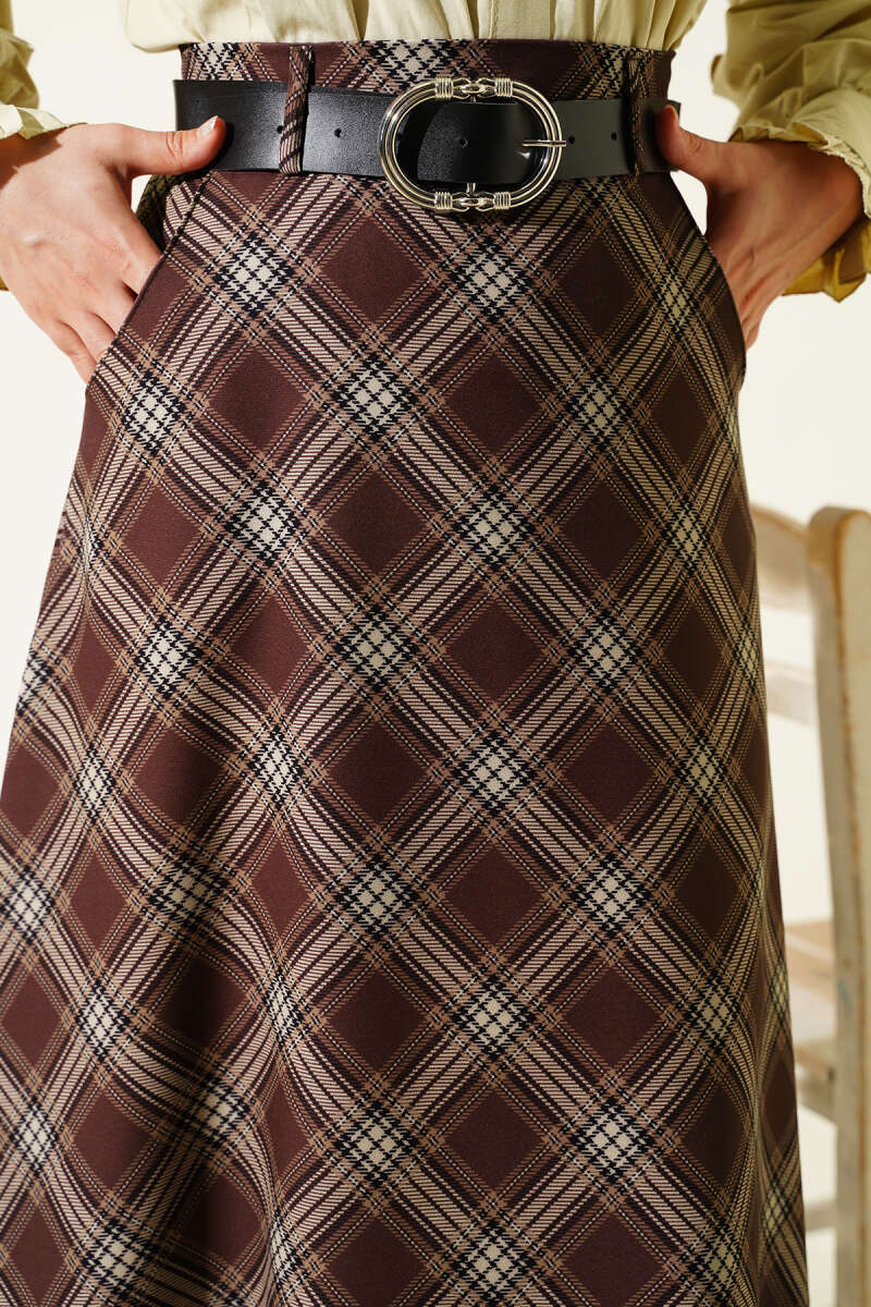 Oval Kemer Tokalı Ekoseli Etek