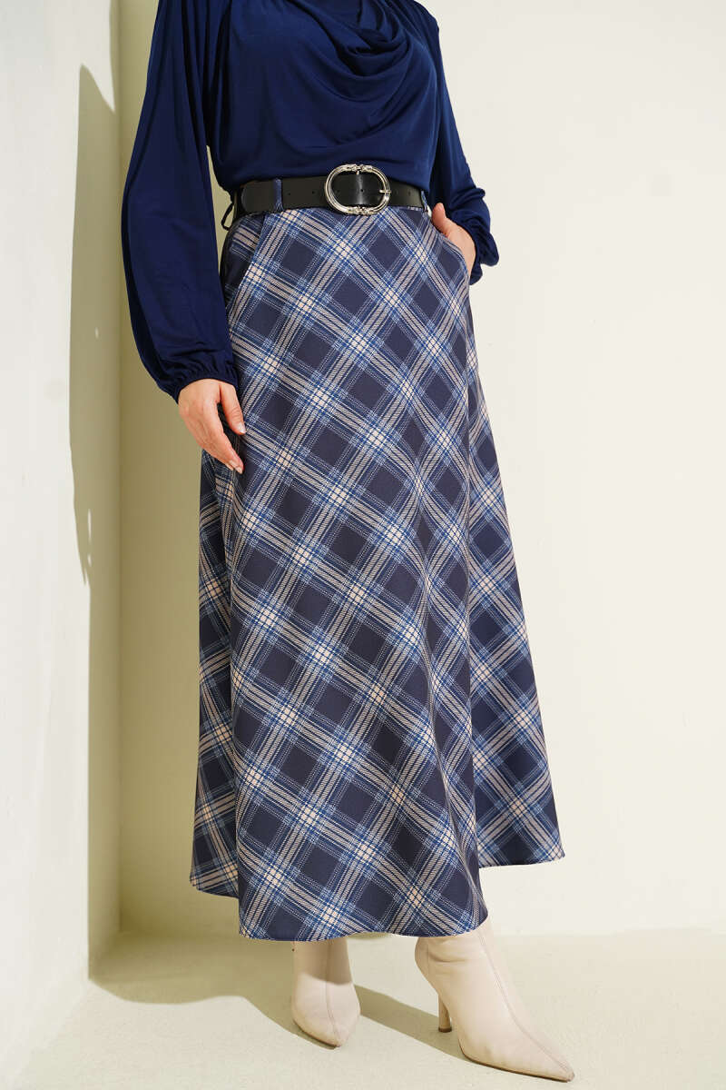 Oval Kemer Tokalı Ekoseli Etek