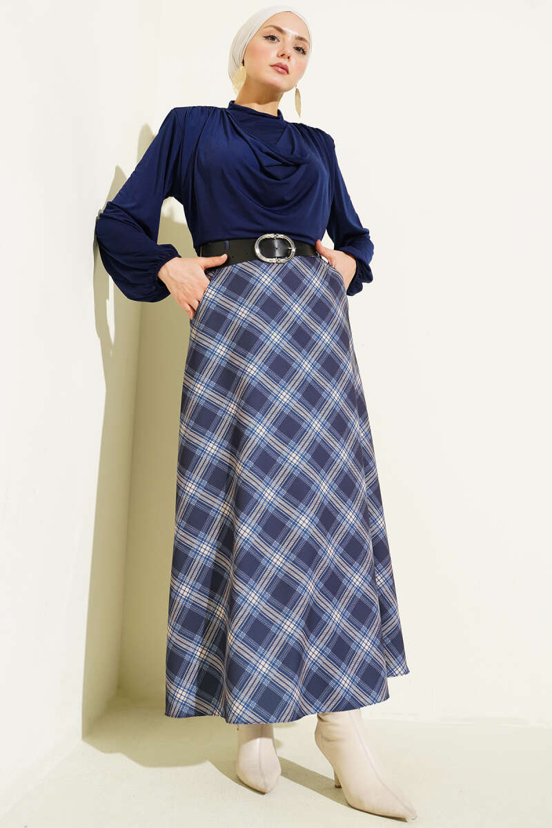 Oval Kemer Tokalı Ekoseli Etek