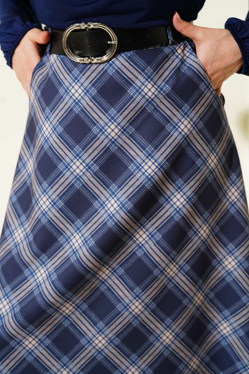 Oval Kemer Tokalı Ekoseli Etek