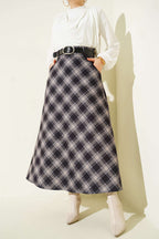 Oval Kemer Tokalı Ekoseli Etek Siyah