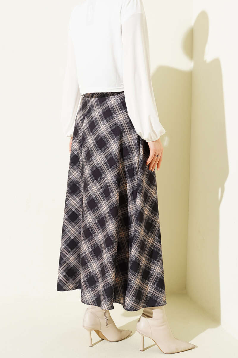 Oval Kemer Tokalı Ekoseli Etek Siyah