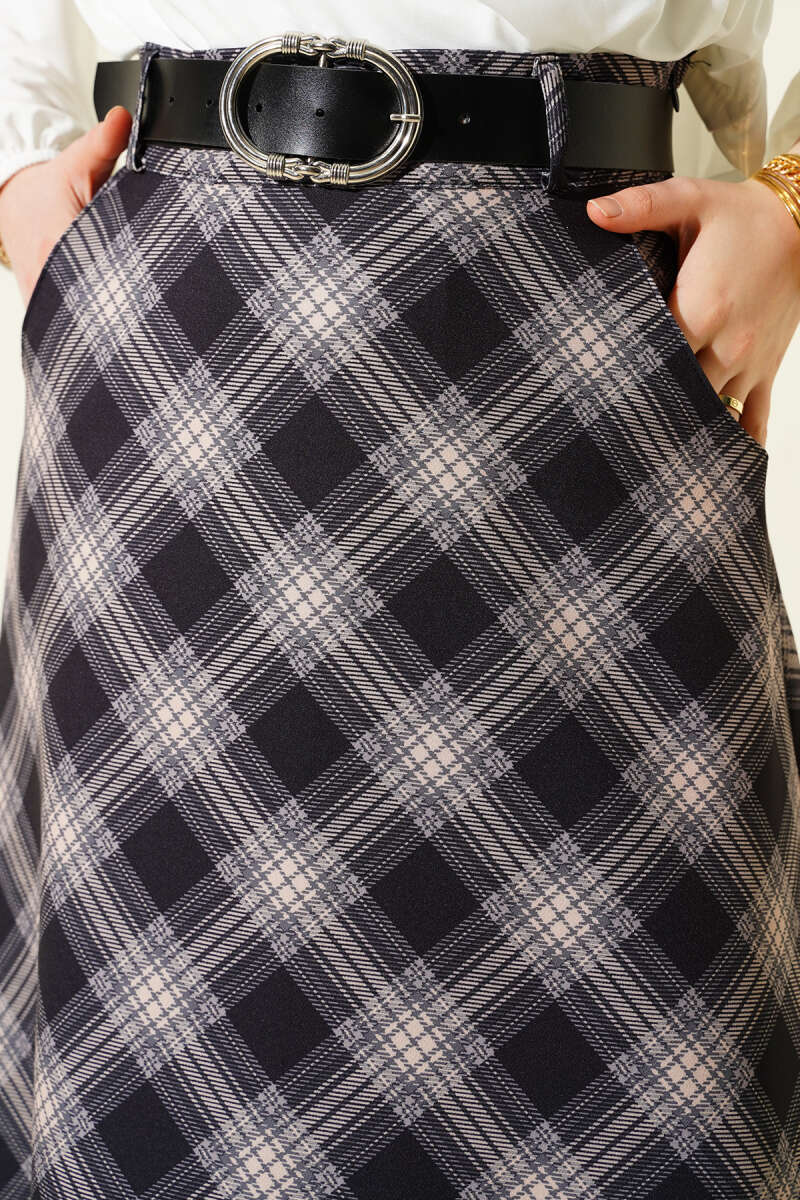 Oval Kemer Tokalı Ekoseli Etek Siyah