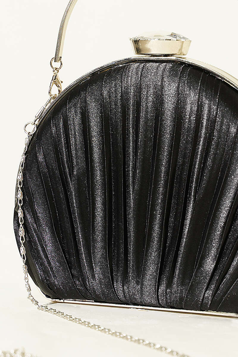 Oval Saten Pileli Abiye Çanta Siyah