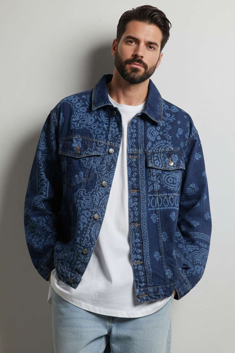 Oversized Baroque Patterned Men's Denim Jacket