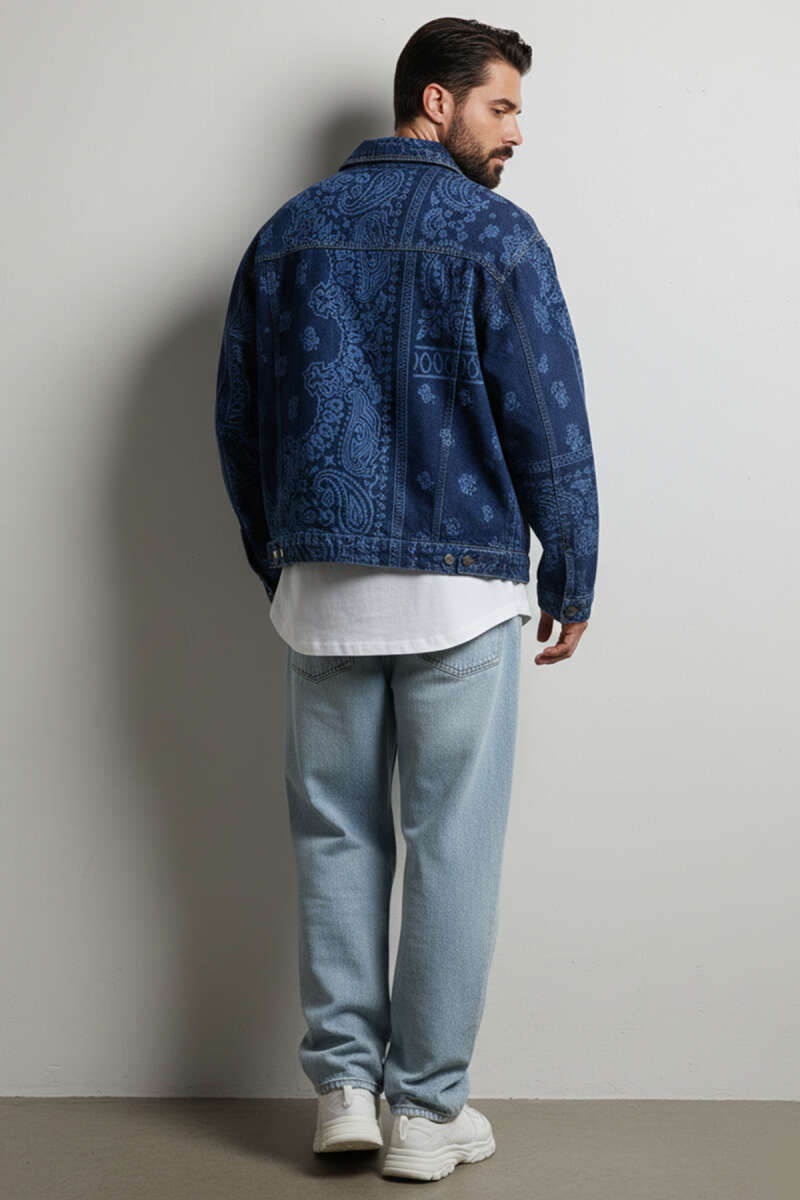 Oversized Baroque Patterned Men's Denim Jacket