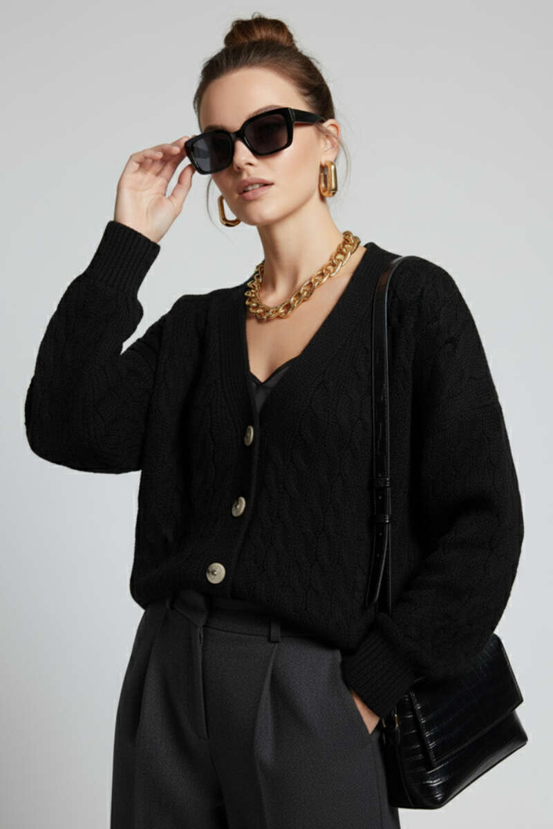 Oversize Cepli Örgü Hırka