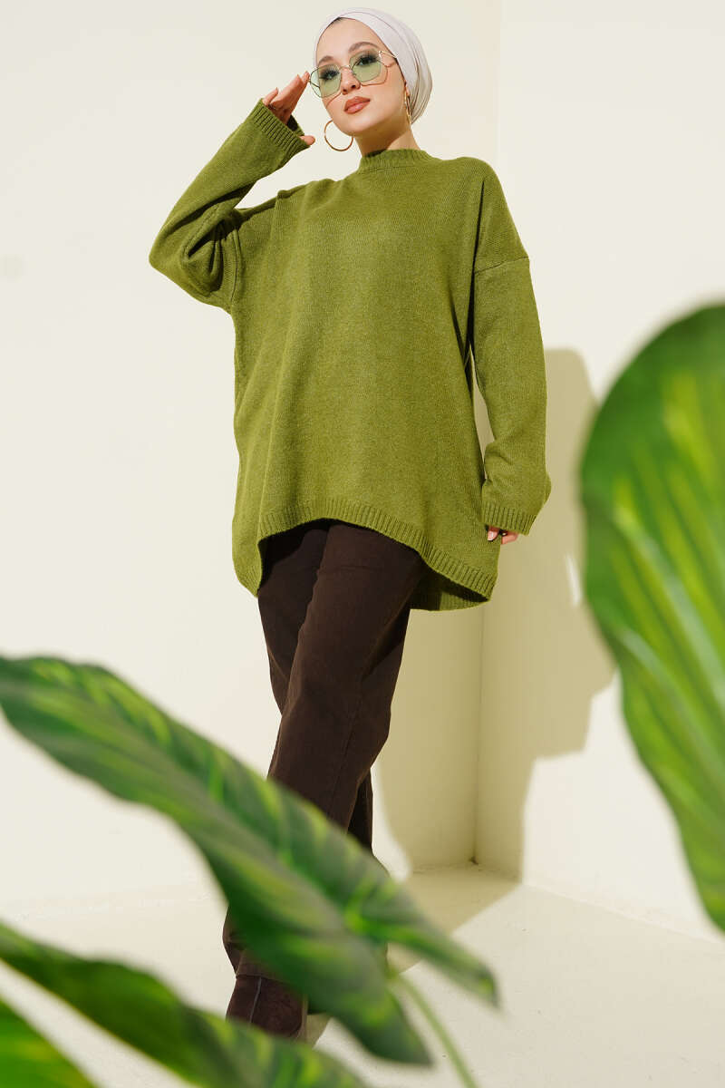 Oversize Düşük Omuz Triko Tunik Zeytin Yeşili