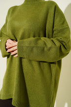 Oversize Düşük Omuz Triko Tunik Zeytin Yeşili