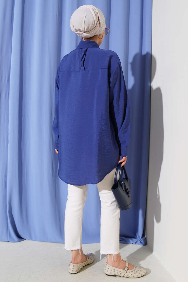 Oversize Manşet Düğmeli Gömlek Lacivert