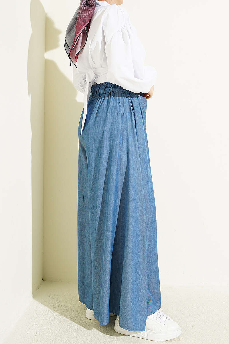 Oversize Paçalı Bağlamalı Pantolon İndigo