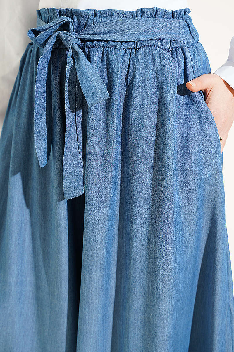 Oversize Paçalı Bağlamalı Pantolon İndigo