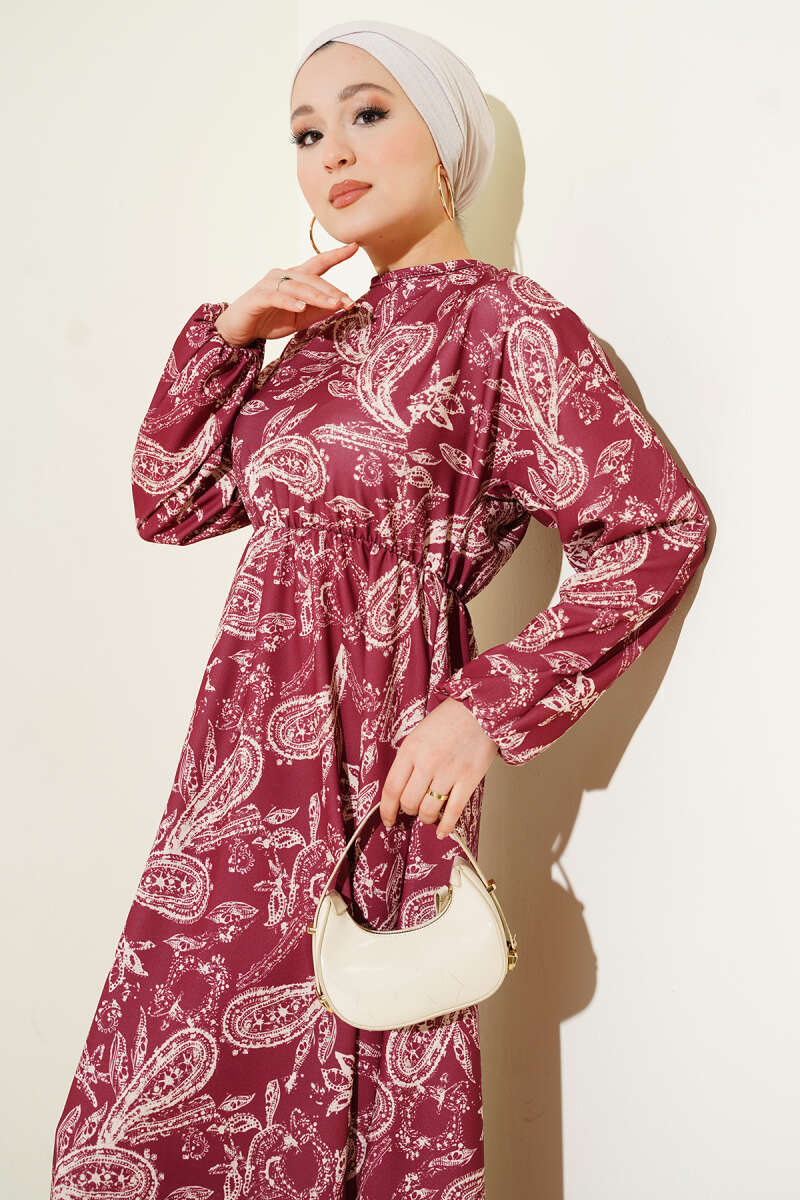 Paisley Desen Bel Lastikli Elbise