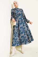 Paisley Desen Bel Lastikli Elbise İndigo