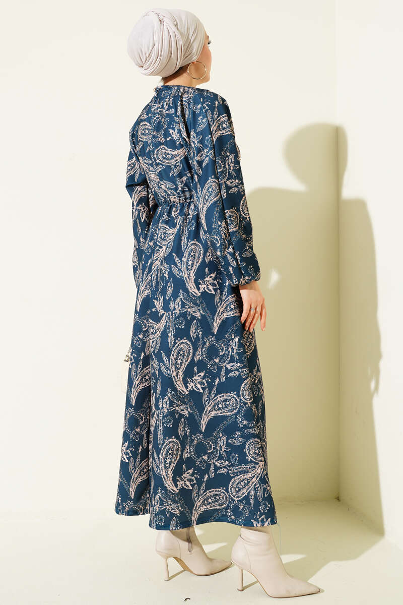Paisley Desen Bel Lastikli Elbise İndigo