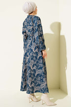 Paisley Desen Bel Lastikli Elbise İndigo