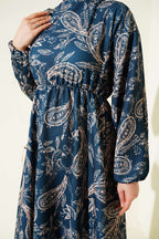 Paisley Desen Bel Lastikli Elbise İndigo