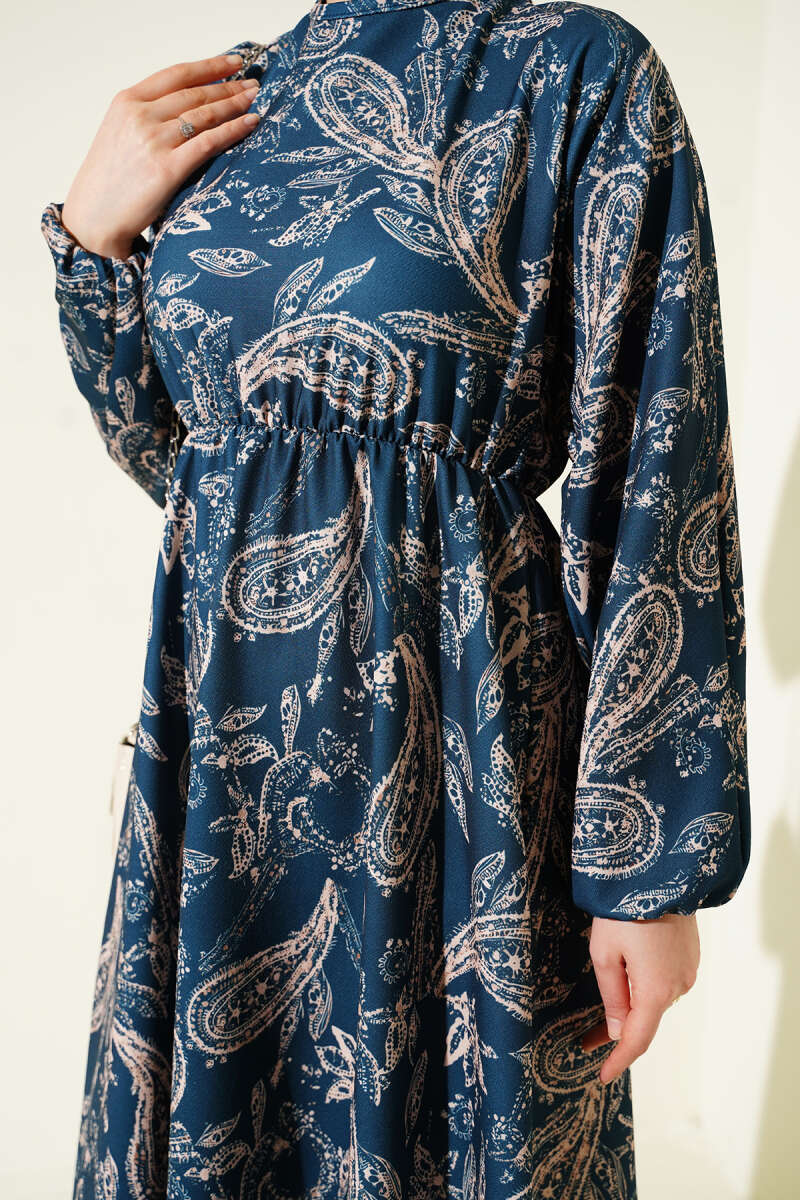 Paisley Desen Bel Lastikli Elbise İndigo