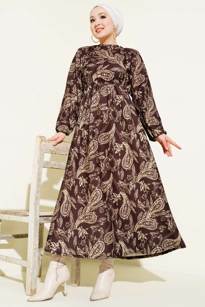 Paisley Desen Bel Lastikli Elbise