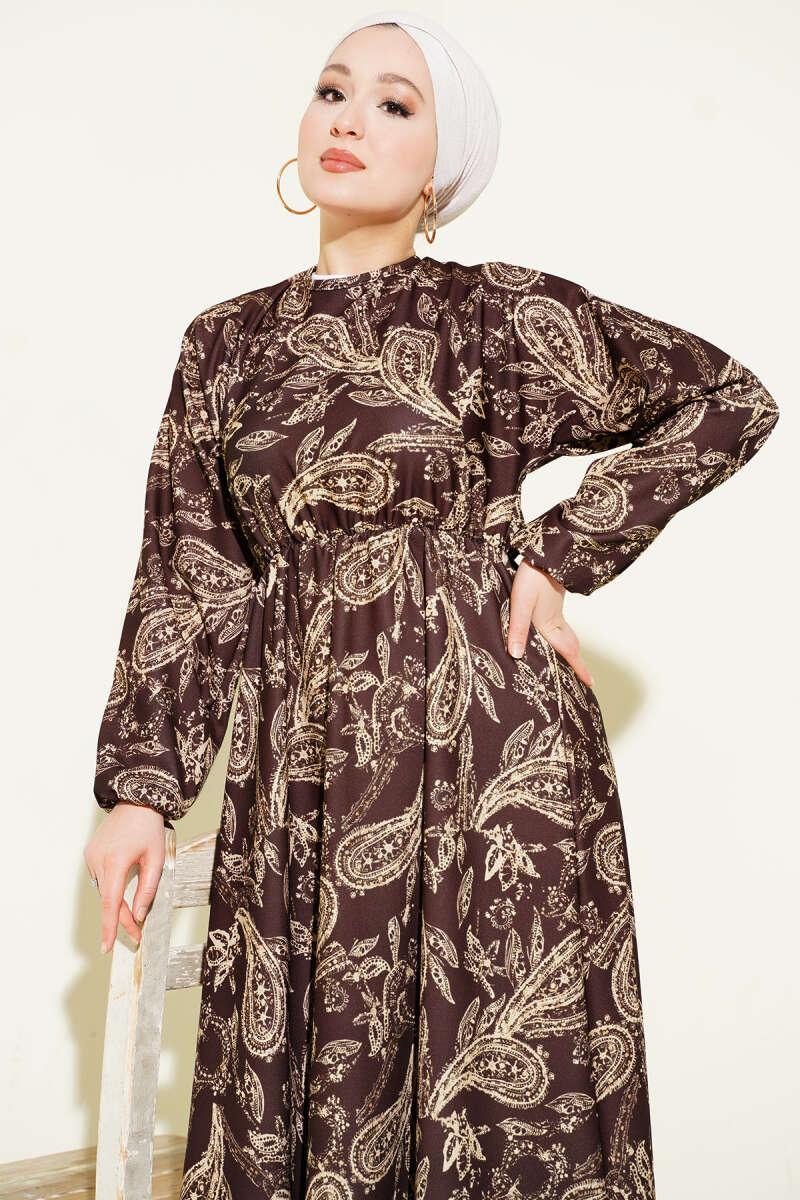 Paisley Desen Bel Lastikli Elbise
