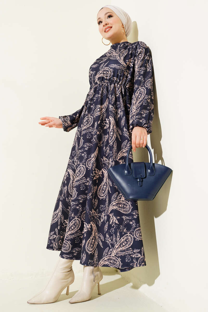 Paisley Desen Bel Lastikli Elbise Lacivert