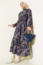Paisley Desen Bel Lastikli Elbise Lacivert