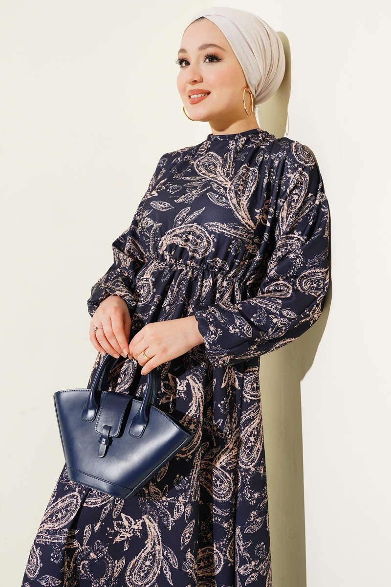 Paisley Desen Bel Lastikli Elbise Lacivert