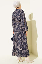 Paisley Desen Bel Lastikli Elbise Lacivert