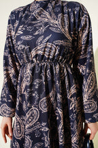Paisley Desen Bel Lastikli Elbise Lacivert