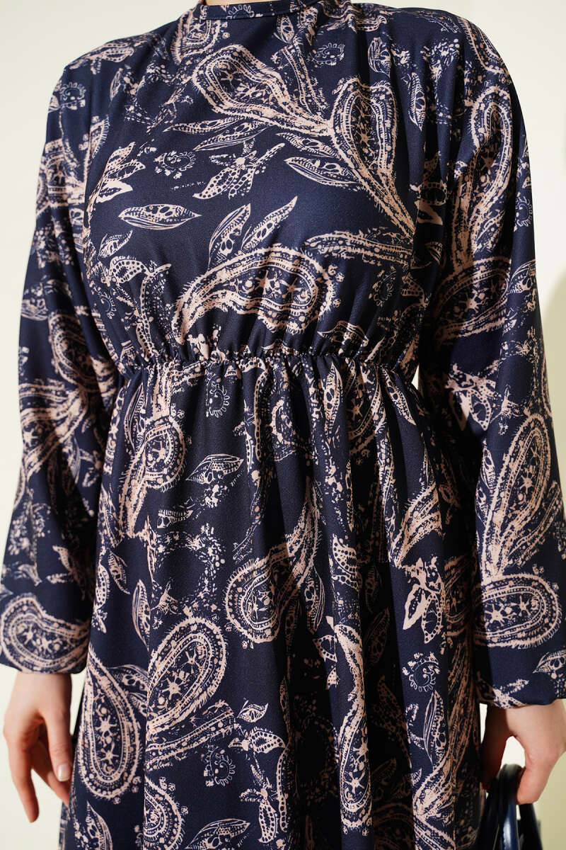 Paisley Desen Bel Lastikli Elbise Lacivert