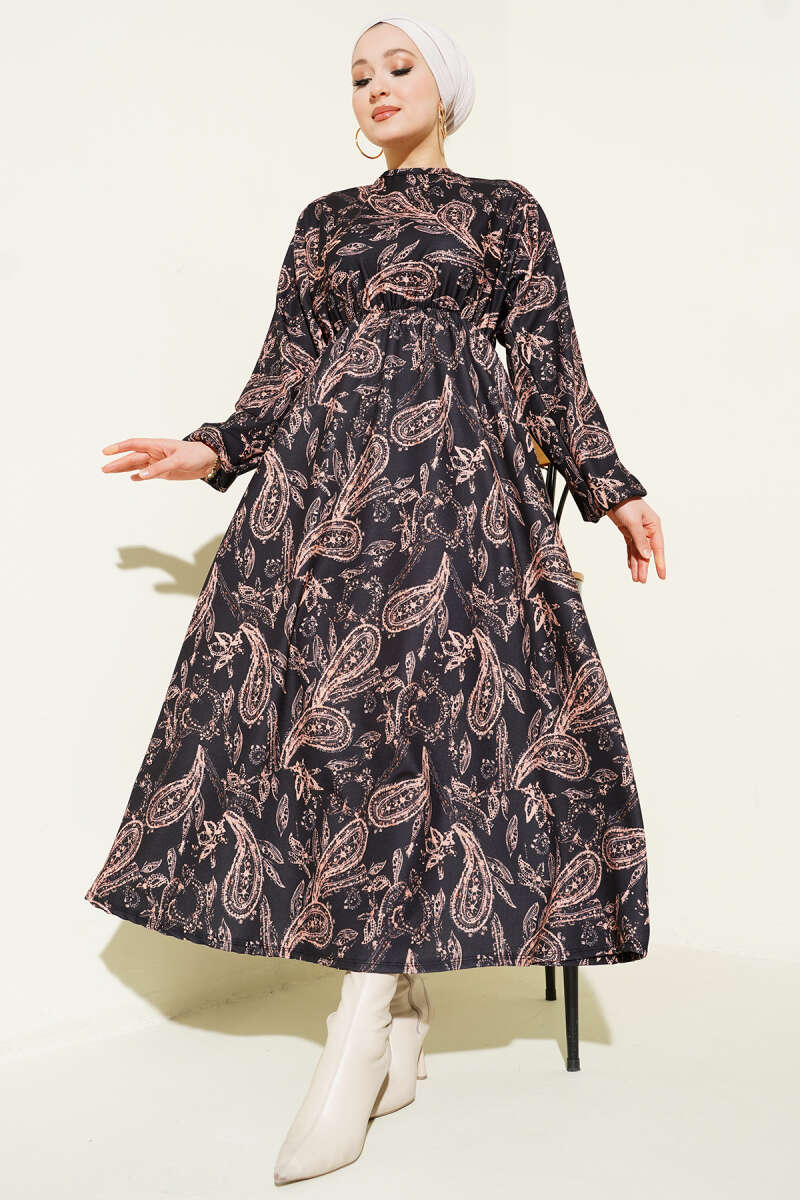 Paisley Desen Bel Lastikli Elbise