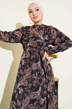 Paisley Desen Bel Lastikli Elbise
