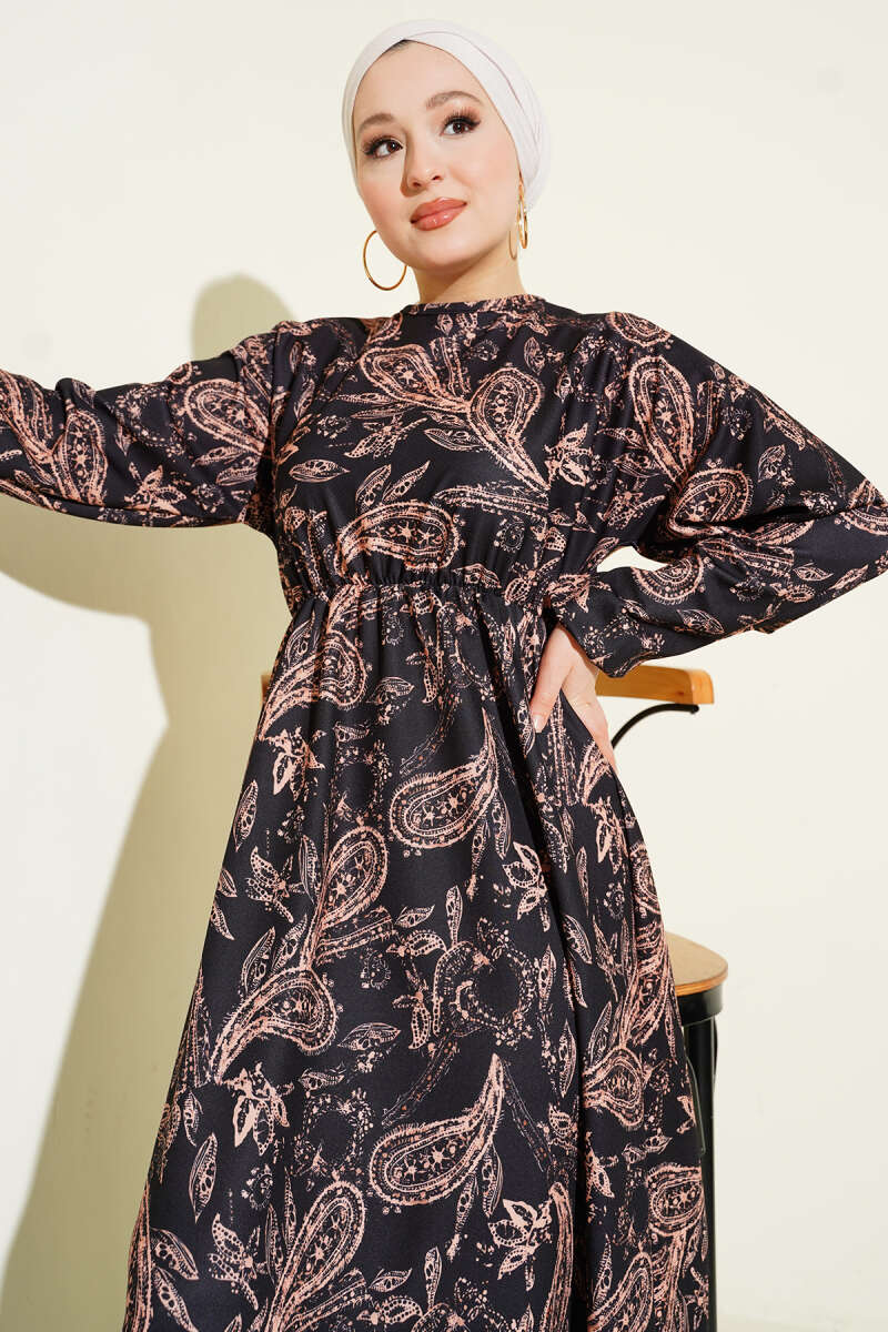 Paisley Desen Bel Lastikli Elbise