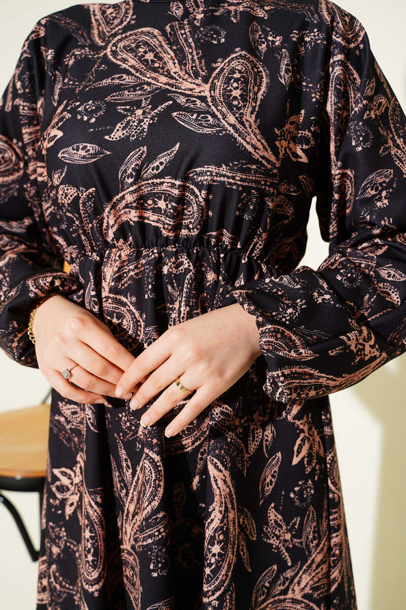 Paisley Desen Bel Lastikli Elbise