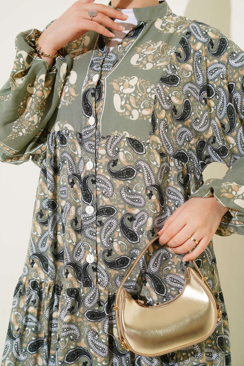 Paisley Desen Düğmeli Elbise